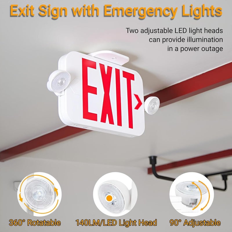 LIT-PaTH LED Combo EXIT Sign with 2 Adjustable Head Lights and Double Face, Back Up Batteries- US Standard Red Letter Emergency Exit Lighting, UL 924 and CEC Qualified, 120-277 Voltage, 4-Pack - Image 2